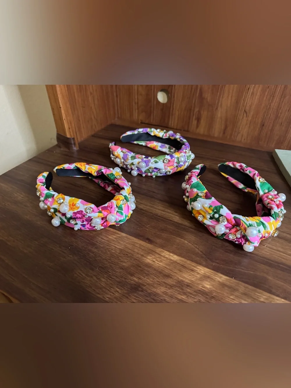 3 Floral Pearl & Rhinestone Knotted Headband - Pink Multi